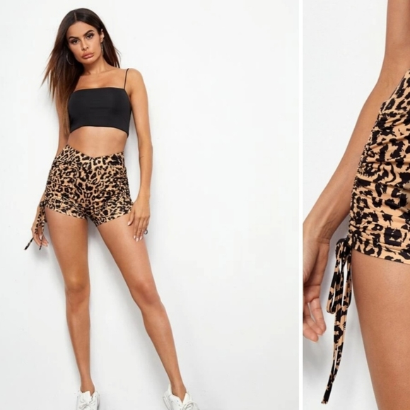 SHEIN Leopard Surplice Ruched Drawstring Shorts - Picture 4 of 6